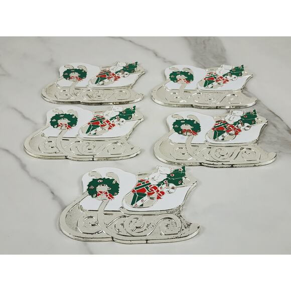 Oneida Rogers Sleigh Coaster 4 1/4" Christmas Holiday 1988 Japan x5 Silverplate - Picture 7 of 13